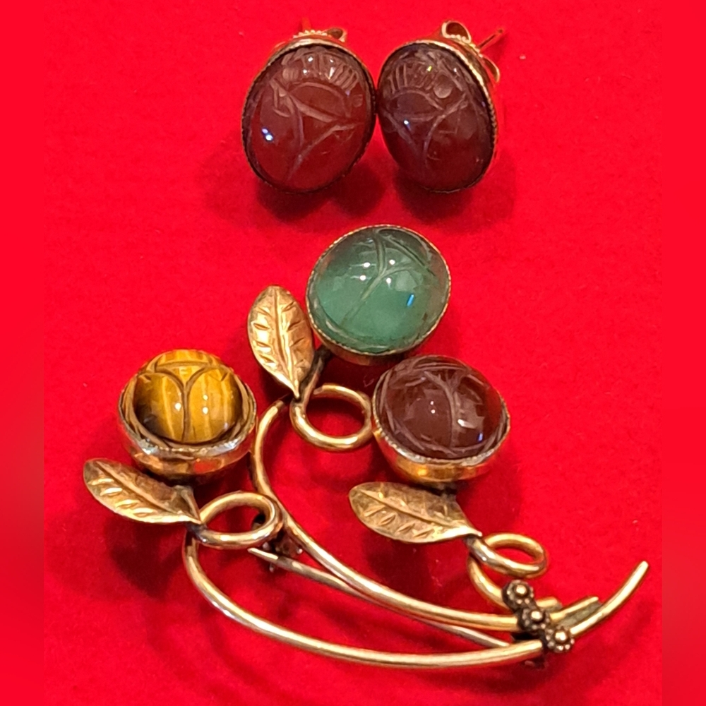 Vintage AMCO 12k Gold Fill Metal Gem Set Of Brooch And Earrings